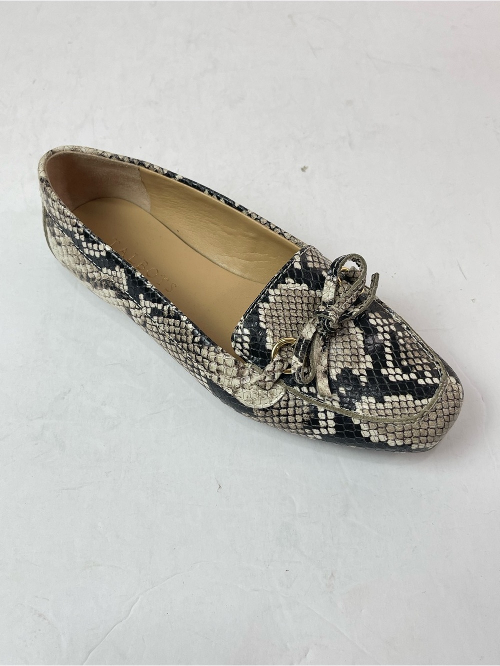 Talbot's Leather Snakeskin Shoes 6.5 Mโ Black/Tan Driving Flat Loafer Bow